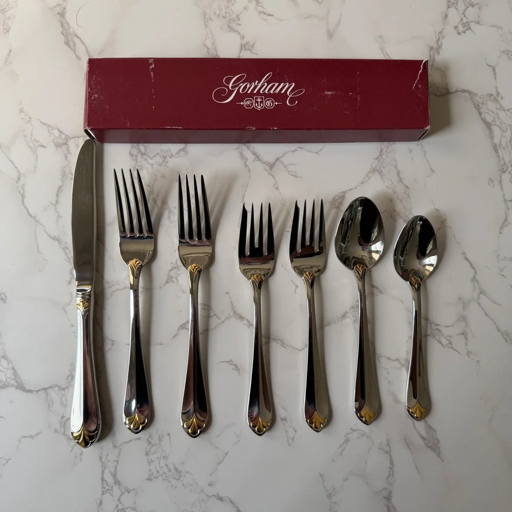 Gorham Golden Legacy Stainless Flatware Gold Accent 7 Piece Lot 9927510 Korea